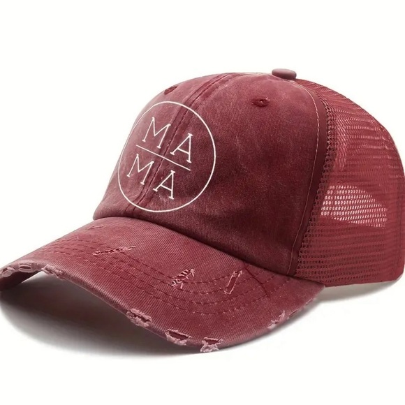 MAMA Trucker Hat high Ponytail Baseball Hat Wine Red Distressed Vintage Wash - Picture 1 of 6